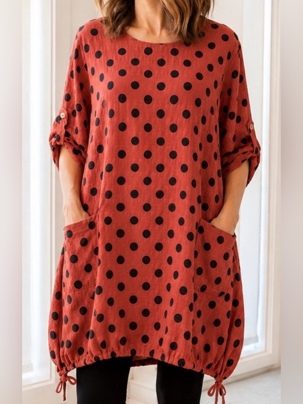 Linen Luv Polka Dot Tunic Top Lagenlook Bubble Hem with Pockets Size L